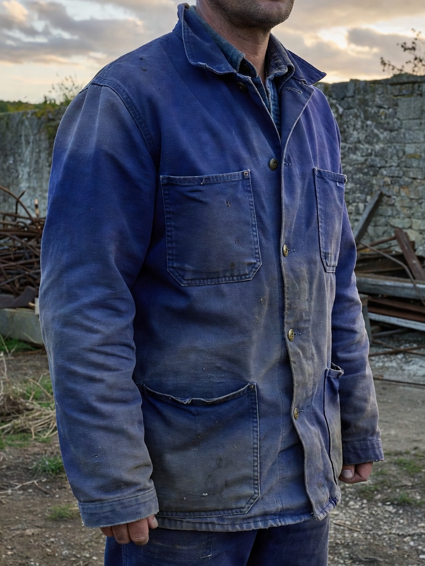 Classic heavyweight French Bleu de Travail indigo work jacket worn outdoors