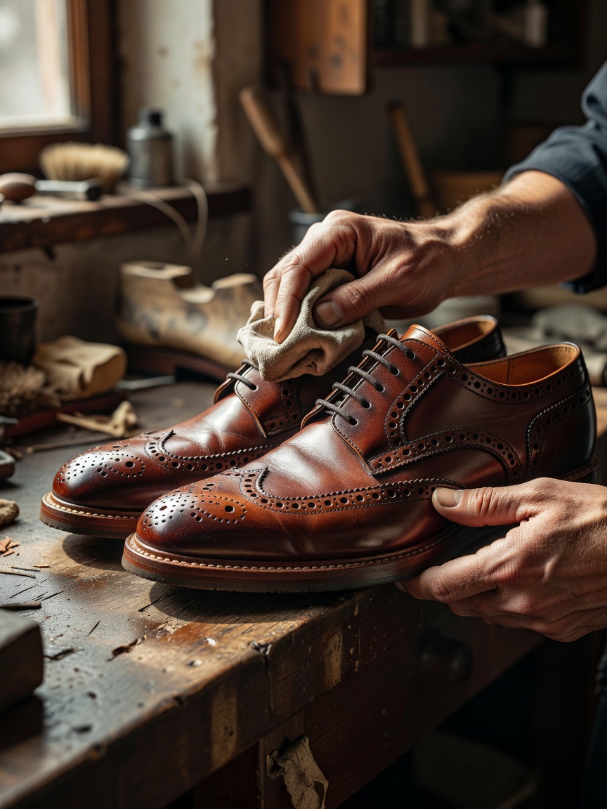 Close-up of premium Goodyear-welted leather brogue shoes being hand-burnished
