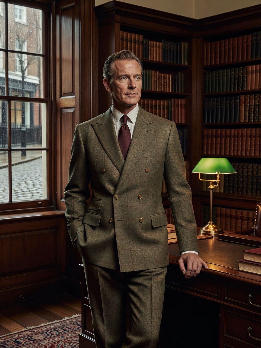 Gentleman wearing bespoke English tailored double-breasted tweed suit