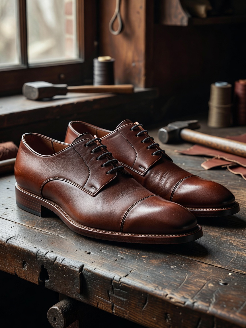 Goodyear welted benchmade dress shoes crafted from rich brown calfskin