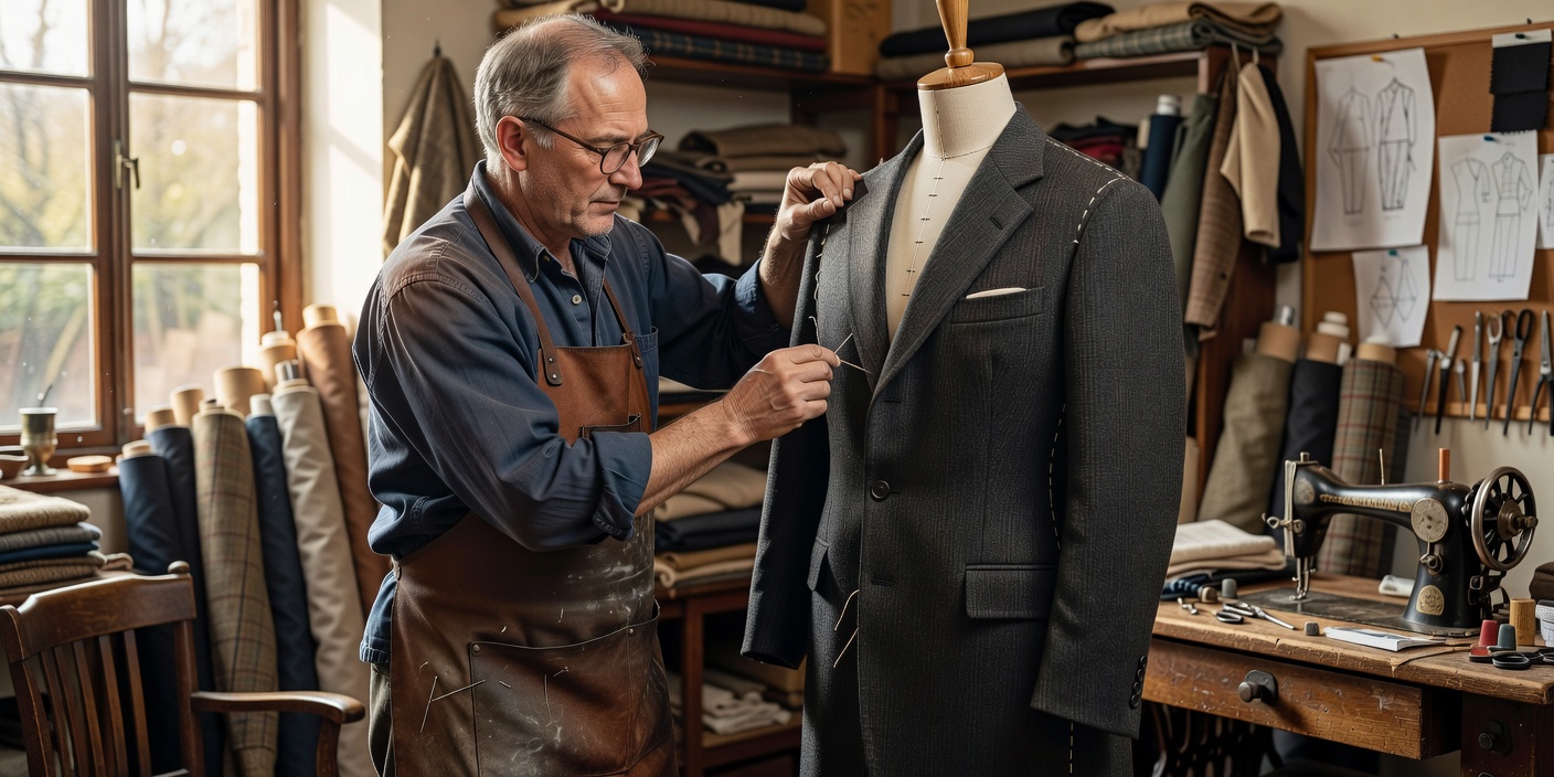 Master tailor adjusting the basted canvas fitting on a bespoke wool coat