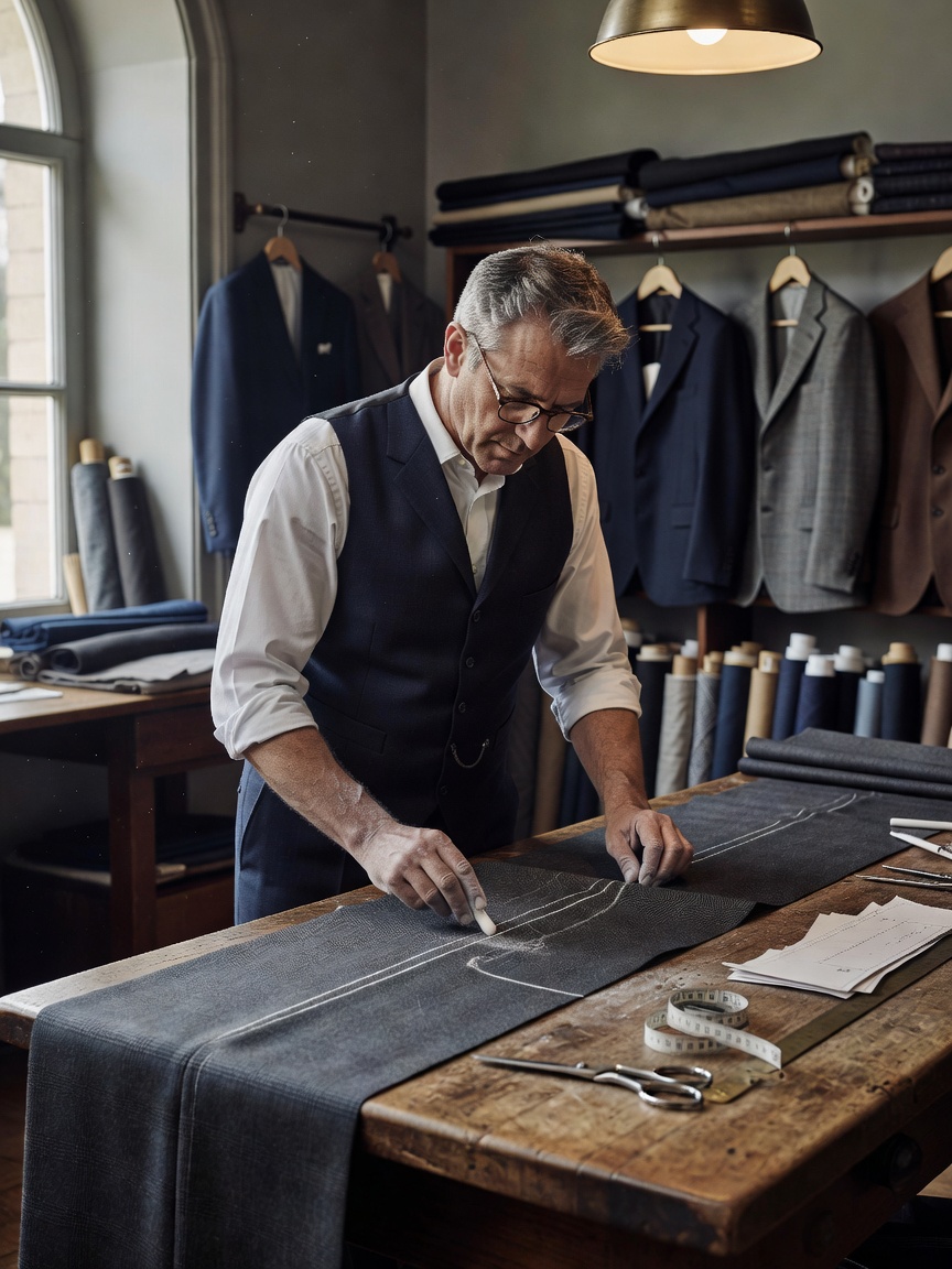 Savile Row bespoke tailor chalking fine wool cloth for suit fitting