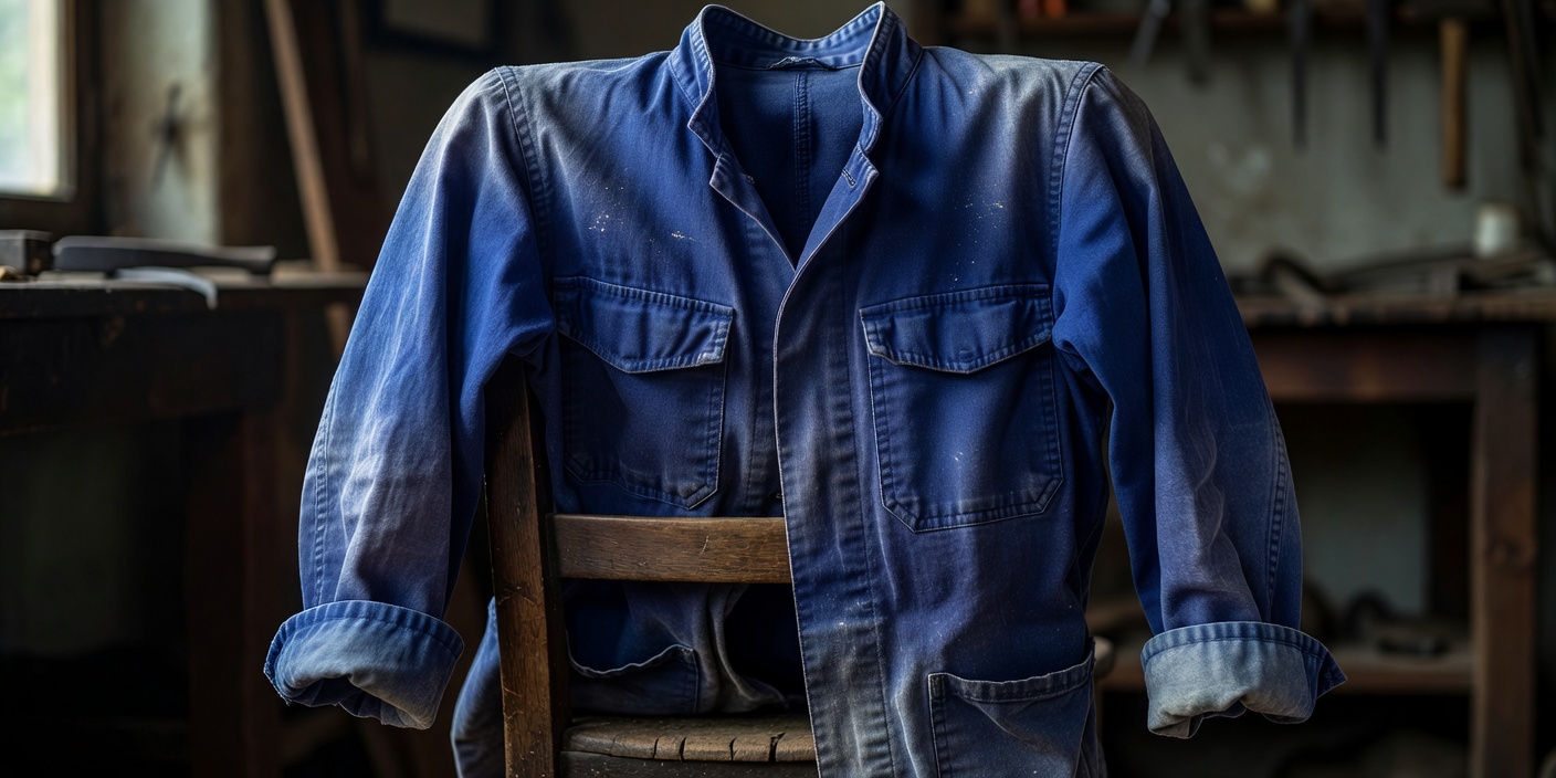 Vintage French chore coat showing deep indigo patina and brushed cotton texture